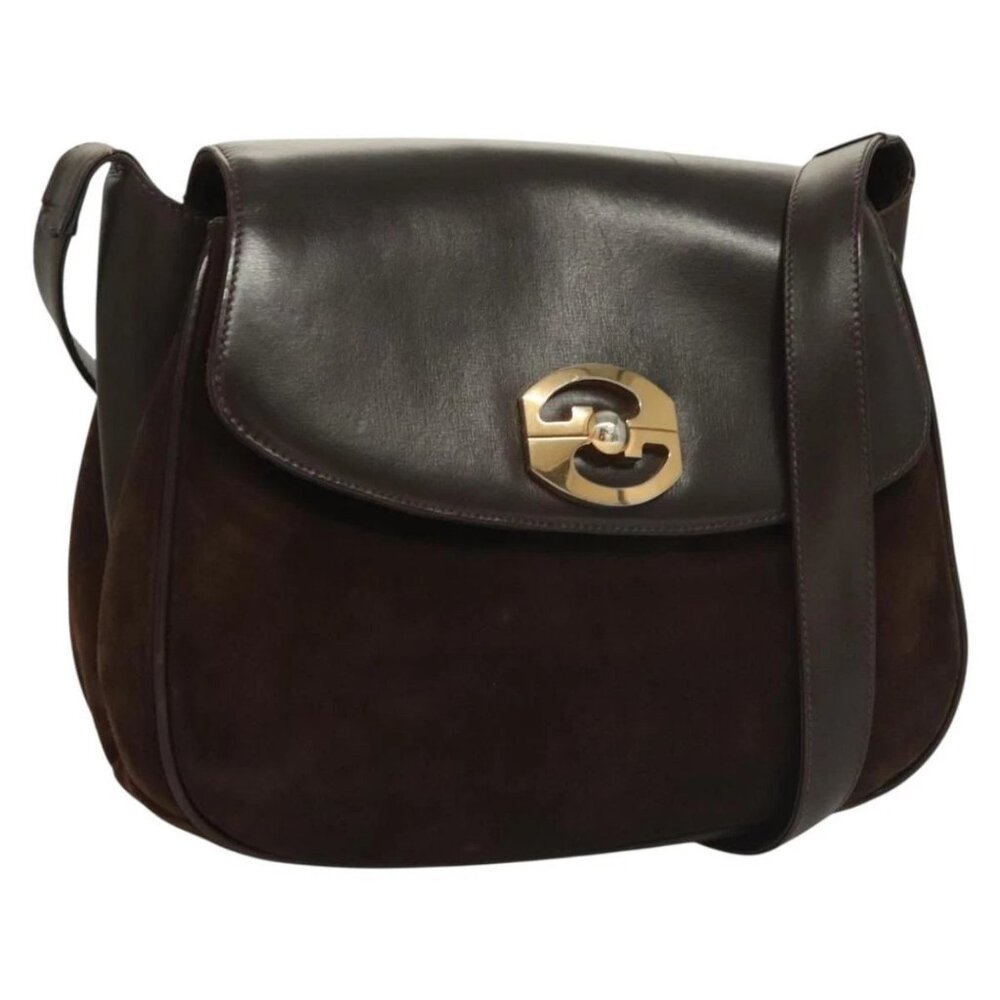 GUCCI Shoulder Bag Suede Brown Gold Auth